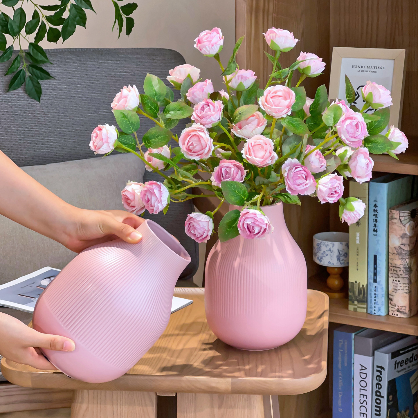 粉韵竖纹瓶客厅花瓶仿真花摆件