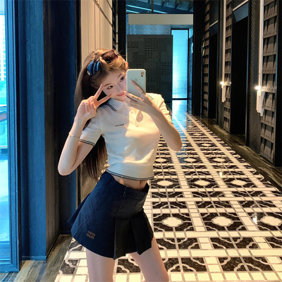 针织条纹韩版学院风文艺复古少女系女孩运动风早春百搭休闲短袖t