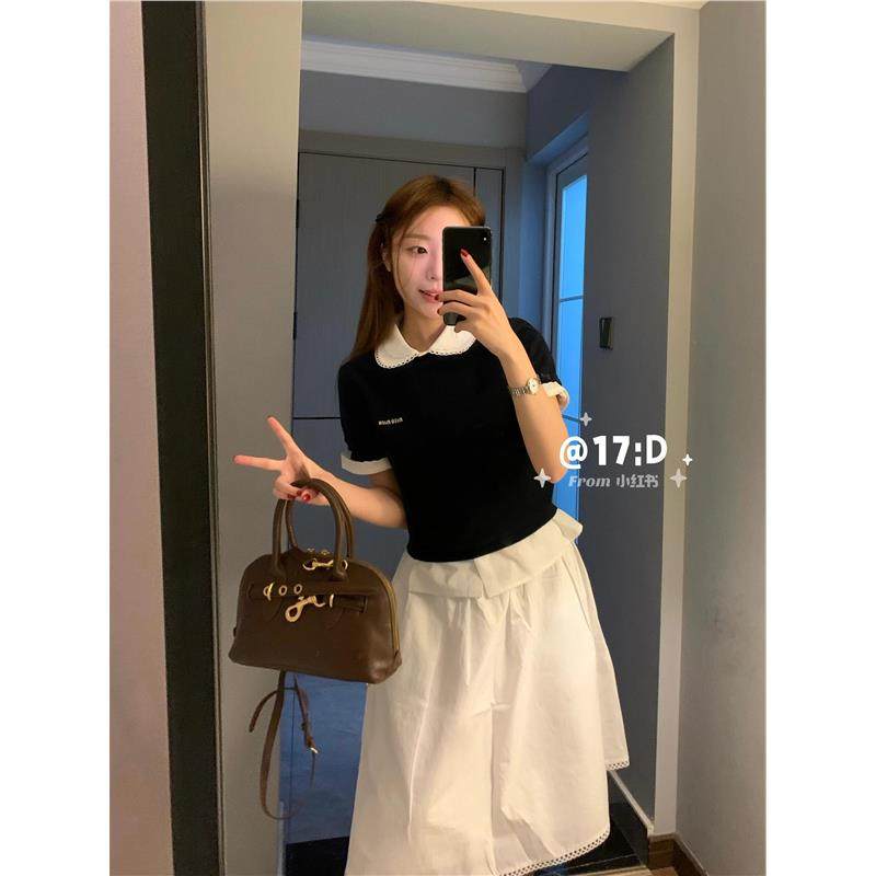 高街学院风白色寸衫搭显瘦针织提花短袖T恤女气质半身裙三件套潮