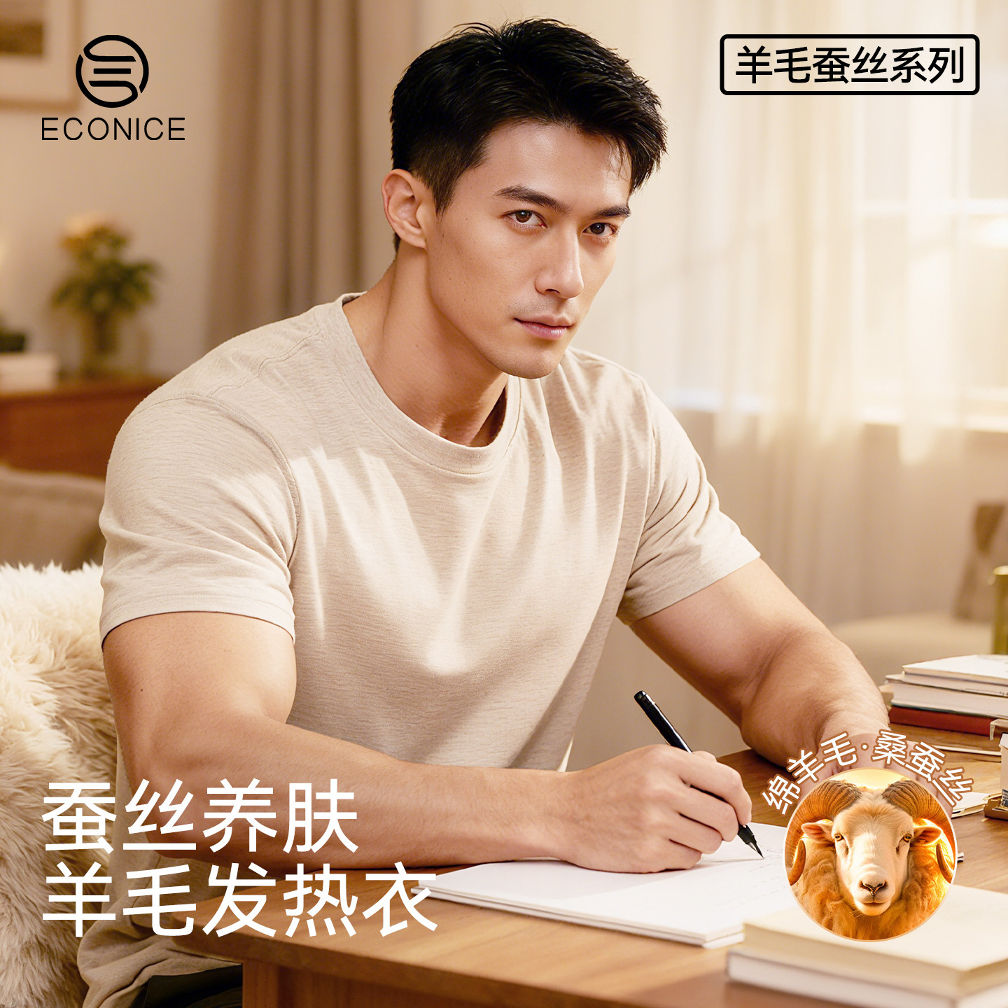 羊毛蚕丝内搭保暖短袖t恤上衣男