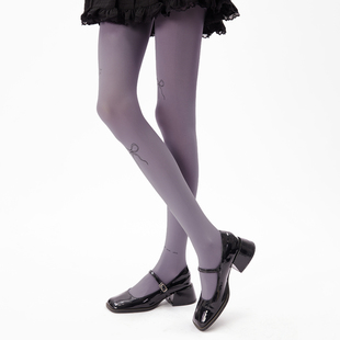 压力瘦腿哑光打底裤 紫色连裤 袜女80D无缝一字档少女印花春秋薄款