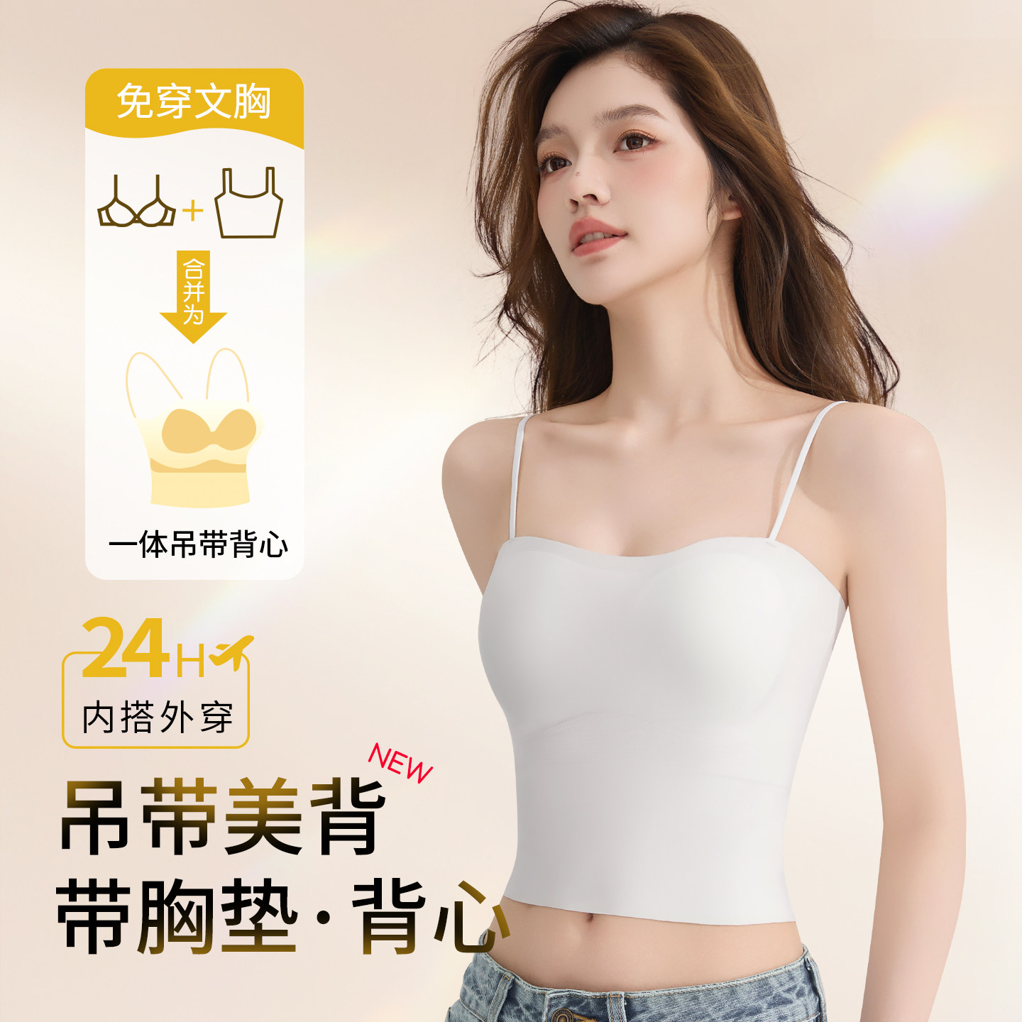 吊带带胸垫女美背文胸一体背心图片