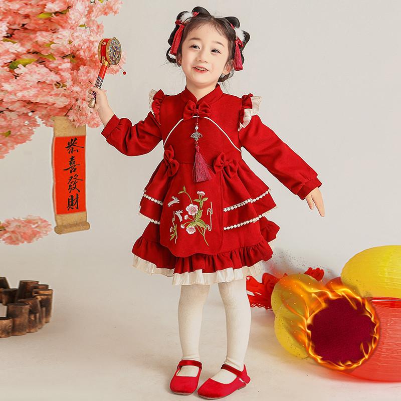 女童年服新款儿童龙年新春拜年衣服宝宝喜庆大红连衣裙周岁公主裙