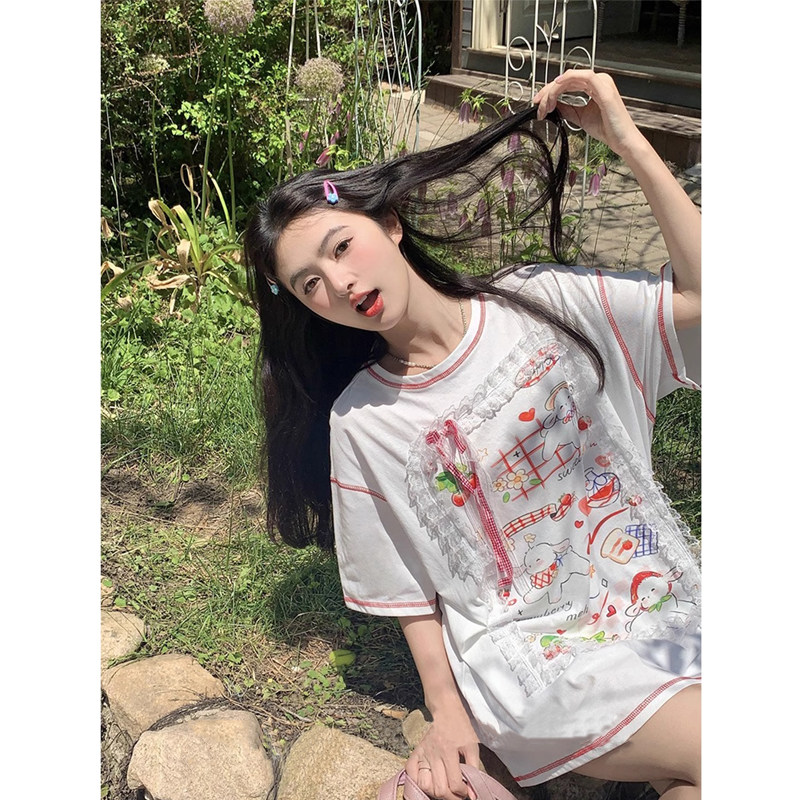 夏季甜美印花蕾丝短袖T恤女