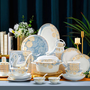 景德镇碗碟套装家用新款骨瓷餐具套装陶瓷碗盘碗筷乔迁送礼全套