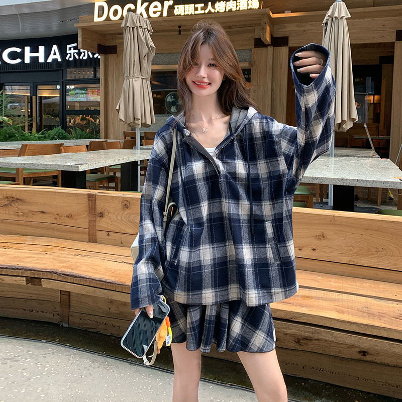2026秋装新款Y1175防风连帽大格纹套头衫+短裙套装P160K238，女装套装/套裙，浙宝296