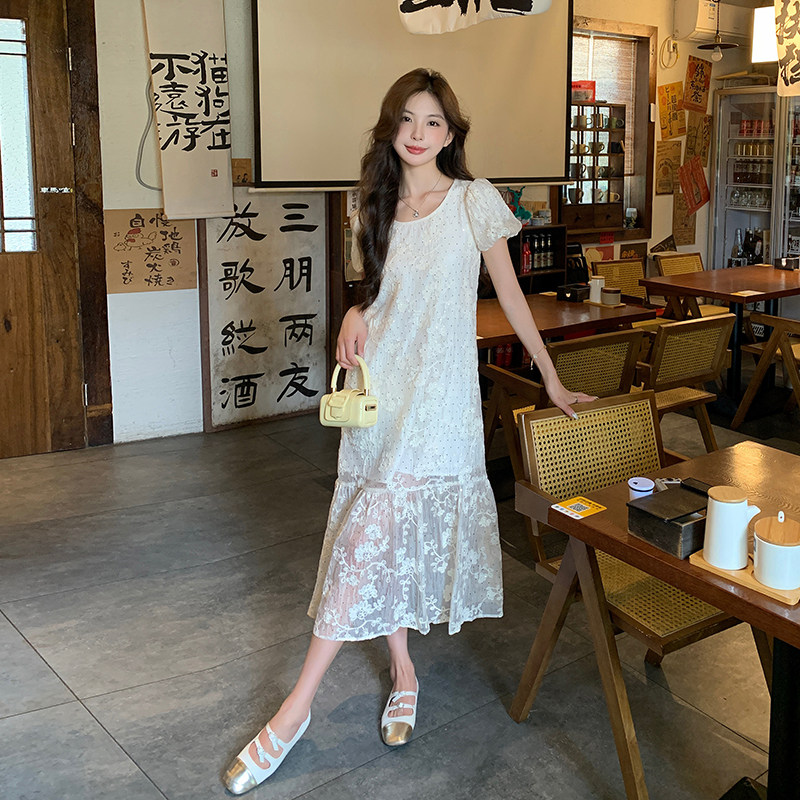 绝美温柔风蕾丝提花连衣裙女夏季2025新款小香风泡泡袖白色鱼尾裙,女装连衣裙,浙宝296