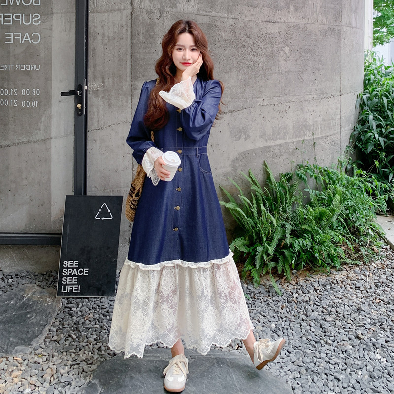 2026秋新款Y1080天丝牛仔蕾丝拼接连衣裙P140K198，女装连衣裙，浙宝296