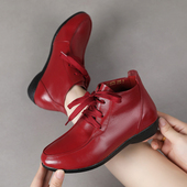 33秋冬加绒棉鞋 真皮短靴女春秋单靴平底系带软底软面妈妈鞋 子小码