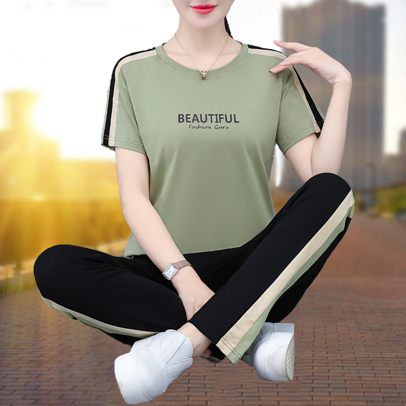 夏季薄款运动套装女2025新款中年妈妈时尚夏装纯棉短袖休闲两件套