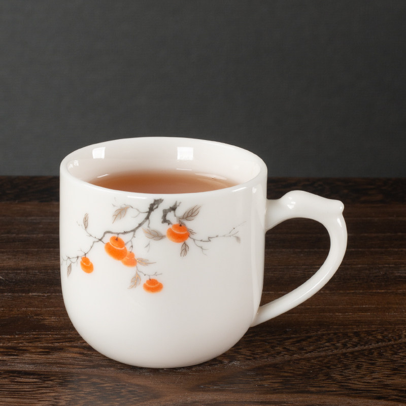 羊脂玉白瓷防烫品茗功夫茶杯单个带耳朵柿柿如意水墨山水兰花杯子