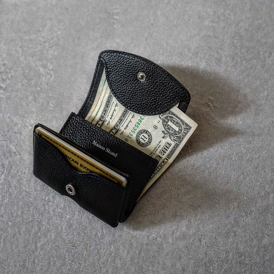 日韩风小众设计Maison Sbond真皮卡包男女小巧简约零钱包黑色横款