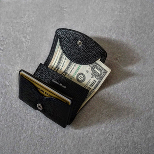 日韩风小众设计Maison Sbond真皮卡包男女小巧简约零钱包黑色横款