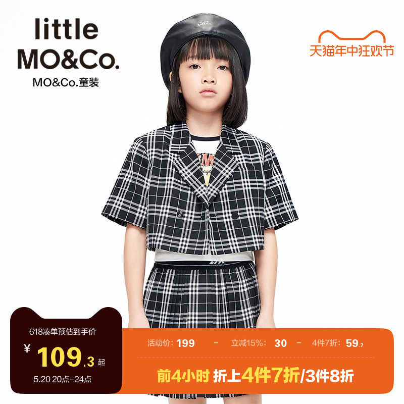 little moco童装春夏装儿童外套女童短袖校服格纹西装女孩学院风