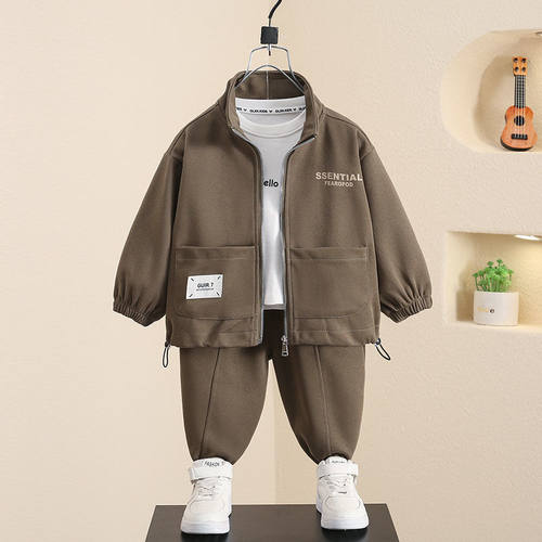 男童加绒两件套装2025新款洋气男宝宝秋冬款运动衣服儿童休闲外套