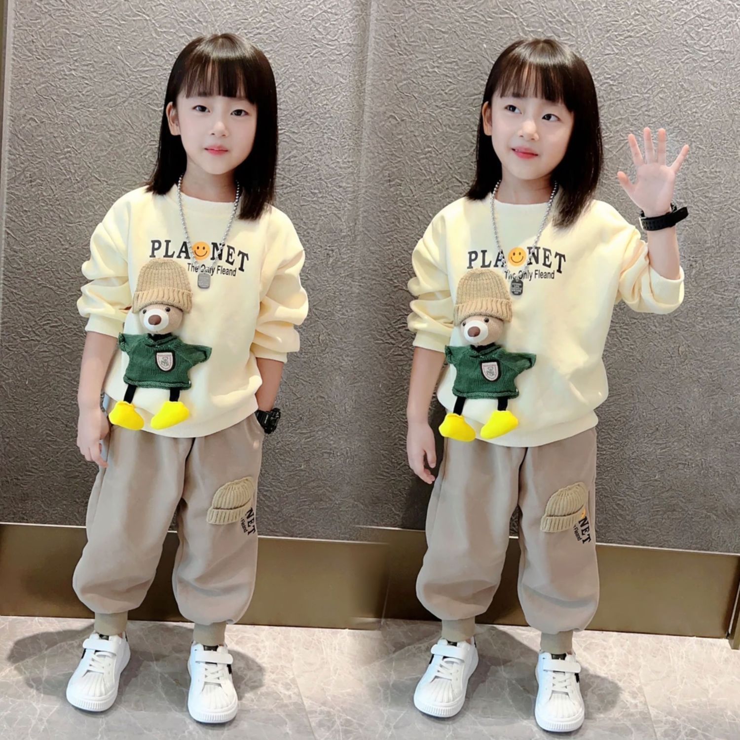 女童春秋季2023新款洋气小女孩儿童立体帽子小熊休闲卫衣套装