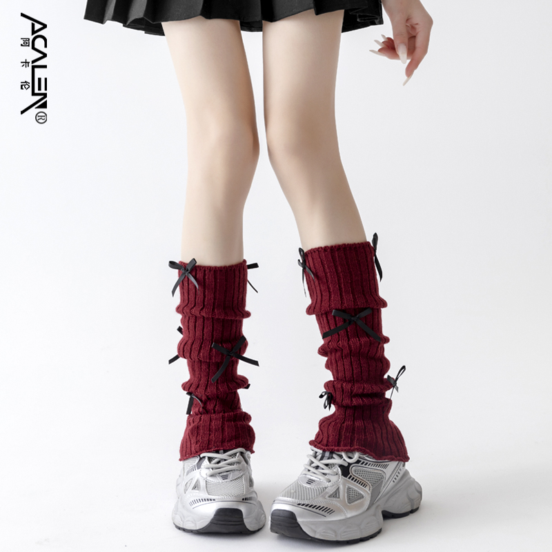 安可拉红堆堆袜套女秋冬洛丽塔jk日系腿套花边蝴蝶结针织小腿脚套