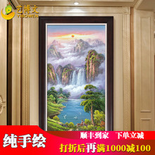 入户玄关油画 纯手绘风景山水画 进门走廊过道客厅精品竖版装饰画