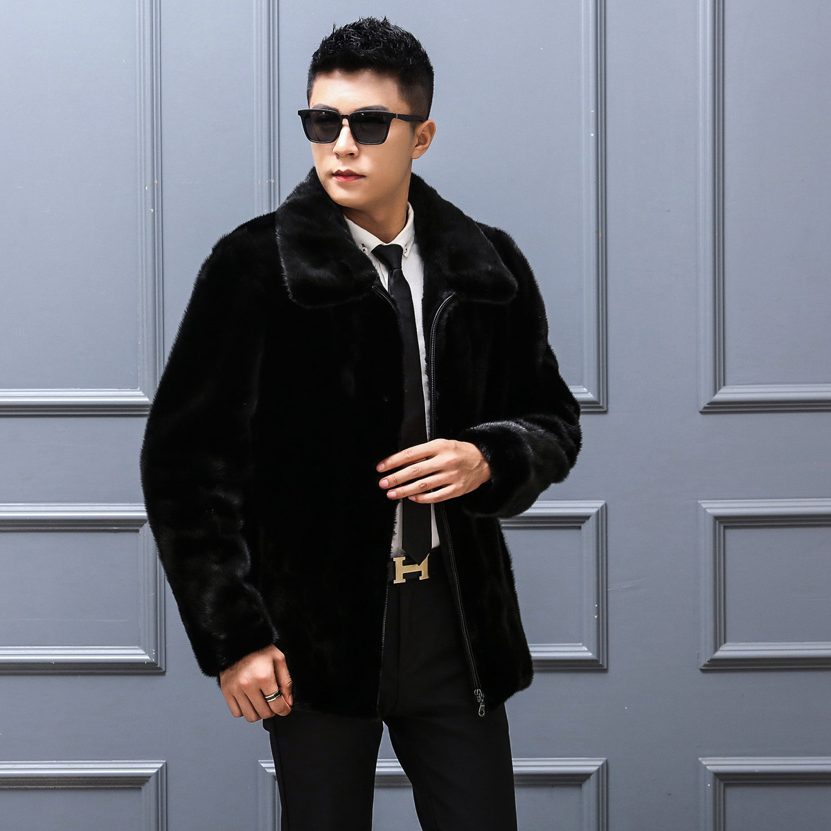进口水貂整貂貂皮大衣男款拉链款翻领裘皮大衣男水貂皮草男士外套