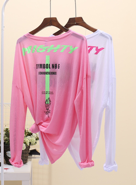 2025夏季新款长袖防晒衣套头宽松字母糖果色冰丝防晒T恤女轻薄款