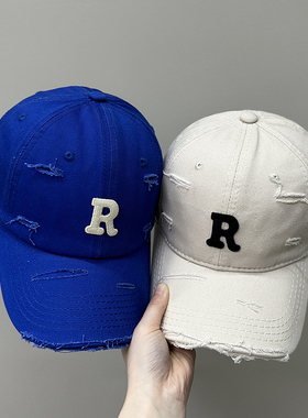 蓝色帽子女2025新款时尚潮流破洞防晒男款R鸭舌帽韩国软顶棒球帽
