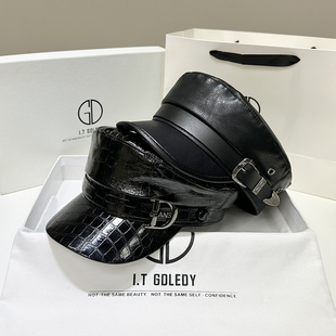 黑色八角帽女士时尚 洋气报童帽PU皮质帽子女百搭平顶帽英伦鸭舌帽