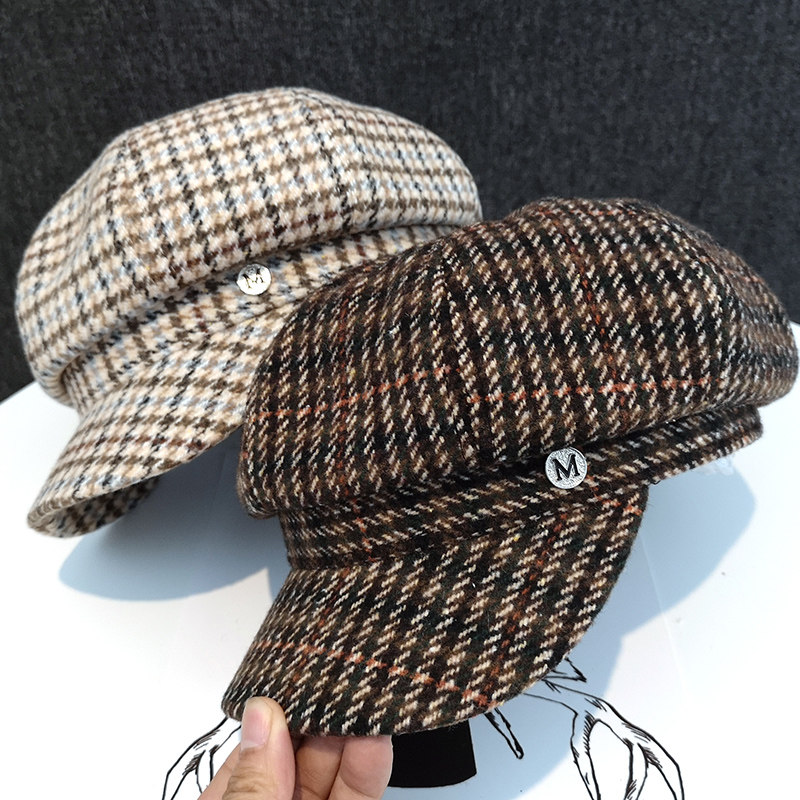 网红款ins毛呢格纹街头贝雷帽子