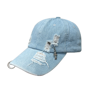 蓝色太阳帽女2026新款美式破洞帽子男款十字架牛仔鸭舌韩国棒球帽