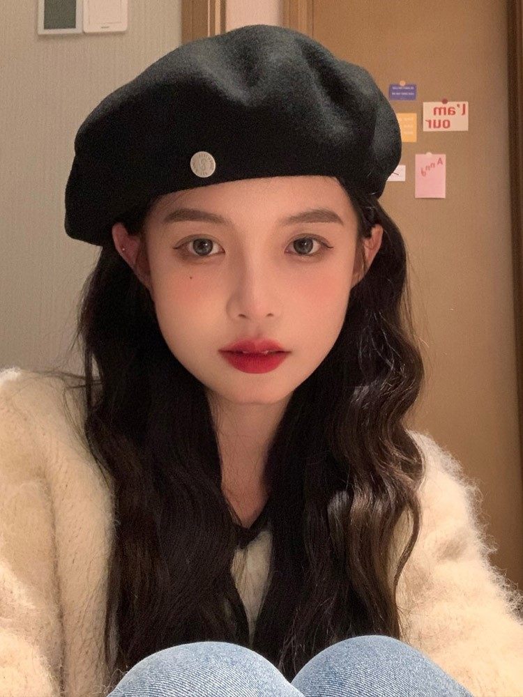 【我的头不圆】网红羊毛呢黑色贝雷帽女2022新款春秋季大头围帽子