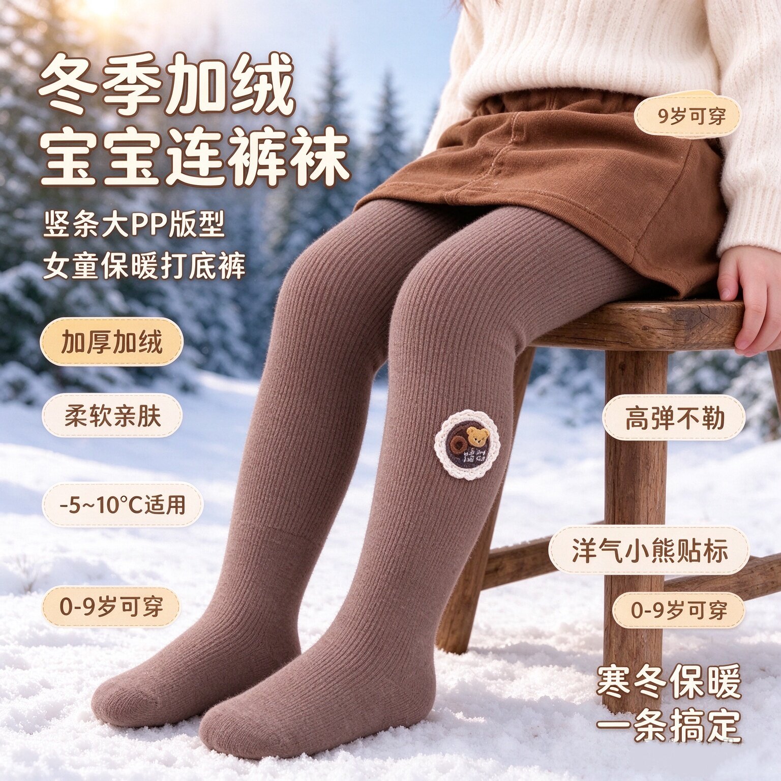 冬季新款宝宝连裤袜女童加绒加厚竖条大PP洋气小熊小女孩打底裤袜