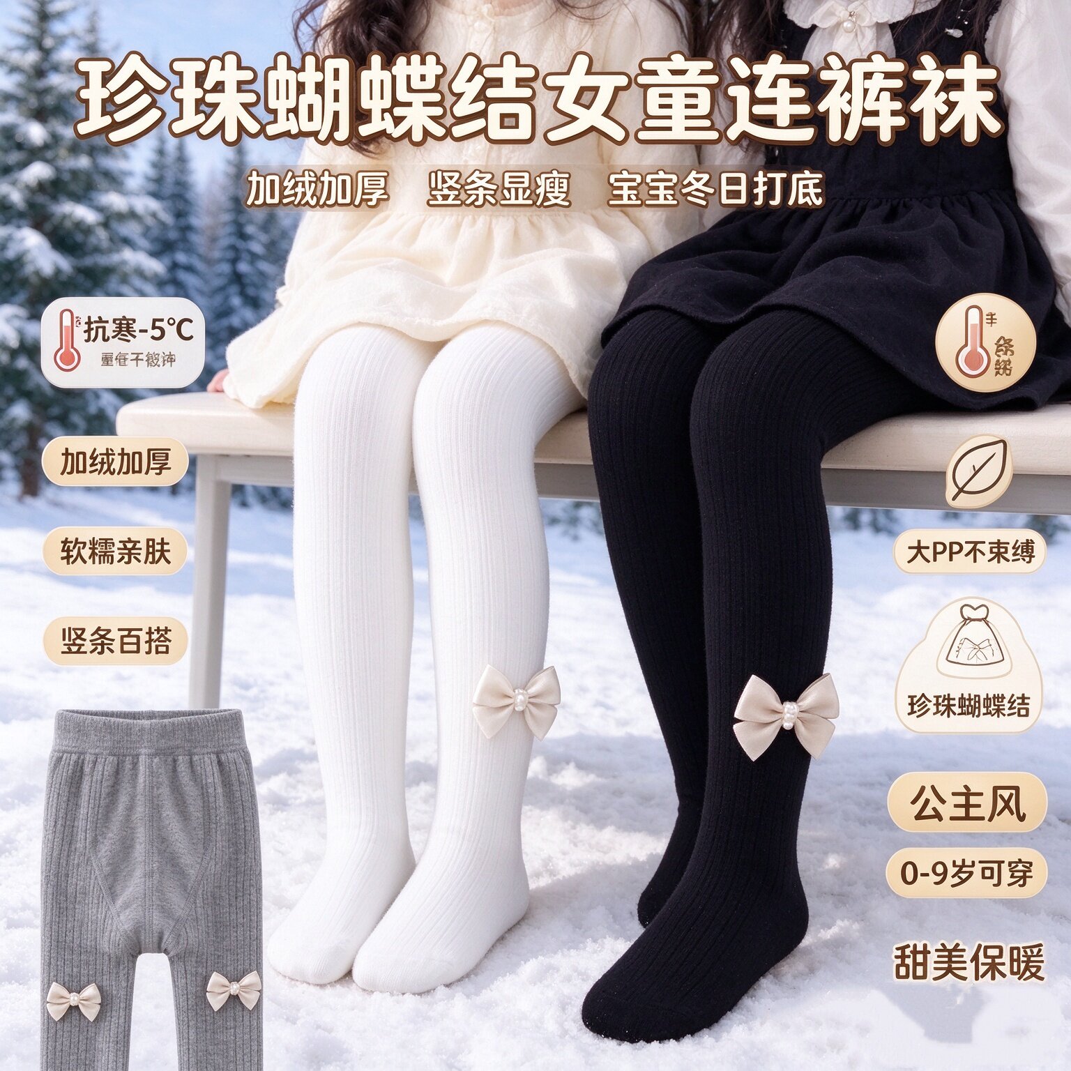 冬季婴儿连裤袜小女孩加绒加厚竖条大PP珍珠蝴蝶结洋气宝宝打底裤