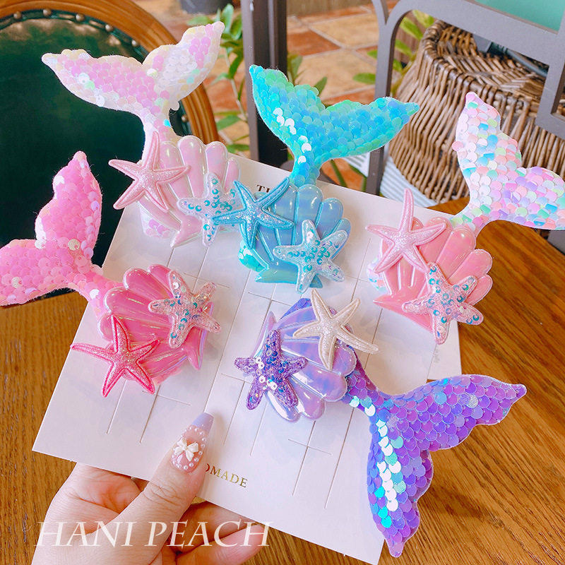 多巴胺儿童宝宝发饰韩版网红镭射亮片人鱼海星贝壳发夹鸭嘴夹