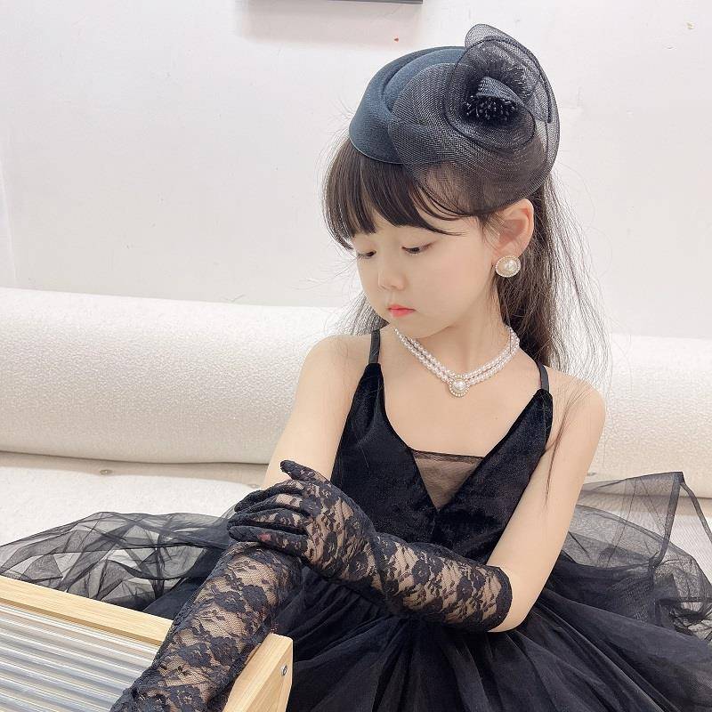 Halokitty 儿童手套女孩礼服蕾丝长短款黑色赫本风小礼帽珍珠项链