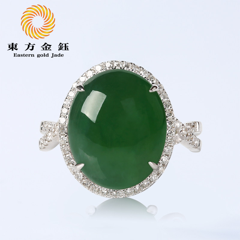 东方金钰 天然缅甸a货翡翠戒指18k镶嵌女 高端小蛋面冰种正品玉石