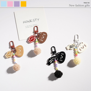 可爱猫吃小鱼卡通动物钥匙扣包包挂件毛球装饰情侣潮玩包挂小礼品
