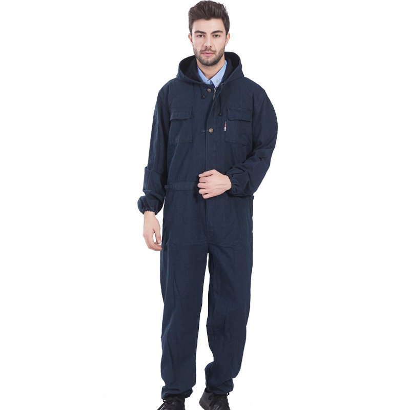 大码牛仔工作服带帽连体劳保服连体衣电焊汽修工作服男防尘工程服