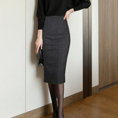 曼友2025秋冬新款 半身裙呢料中长裙高腰包臀一步裙修身 千鸟格中裙