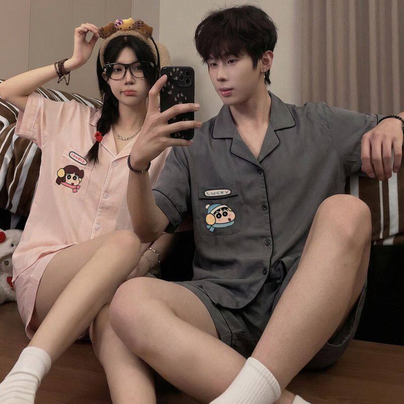 2026新款蜡笔小新情侣睡衣女夏季纯色云朵棉短袖男家居服开衫套装