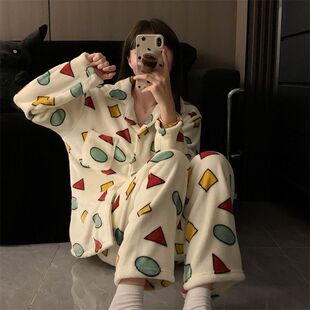珊瑚绒蜡笔小新同款情侣睡衣男女士秋冬季加厚加绒保暖可爱家居服