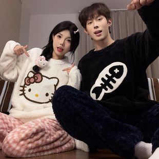 KT猫情侣睡衣女冬季珊瑚绒卡通可爱男士套头保暖家居服可外穿套装