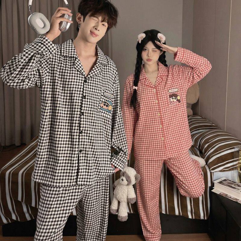 2026新款情侣睡衣女春夏季云朵棉格子长袖男家居服开衫套装ins风