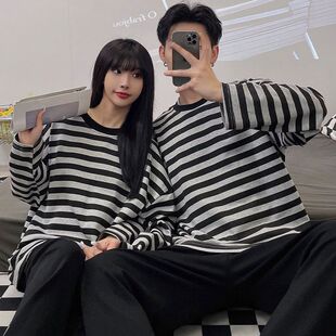 买一送一情侣睡衣女春秋季长袖网红爆款条纹慵懒风男士居家服套装