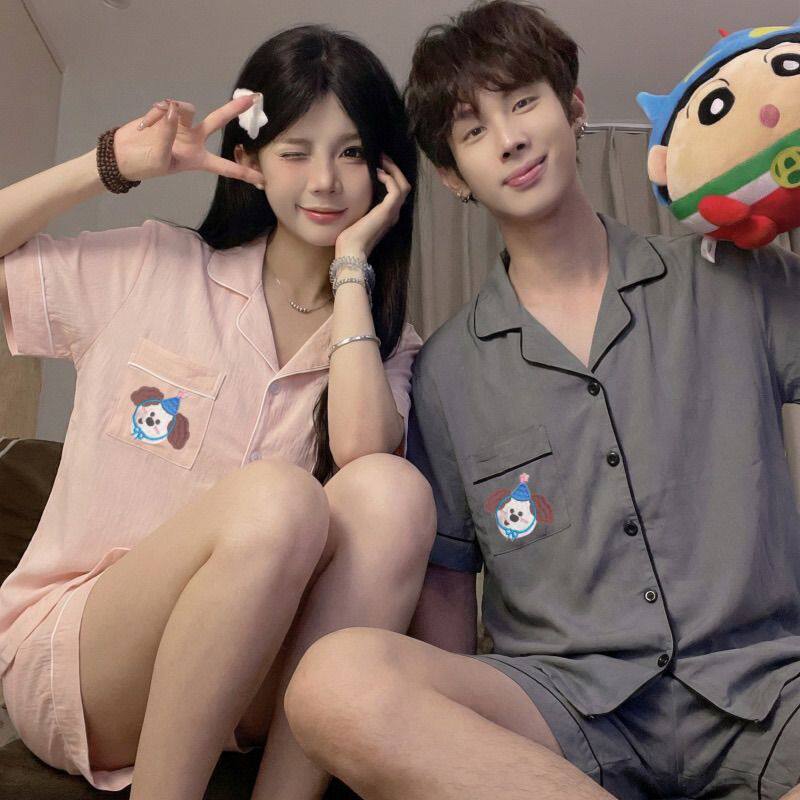 2026新款情侣睡衣女夏季云朵棉可爱卡通短袖男家居服开衫套装ins