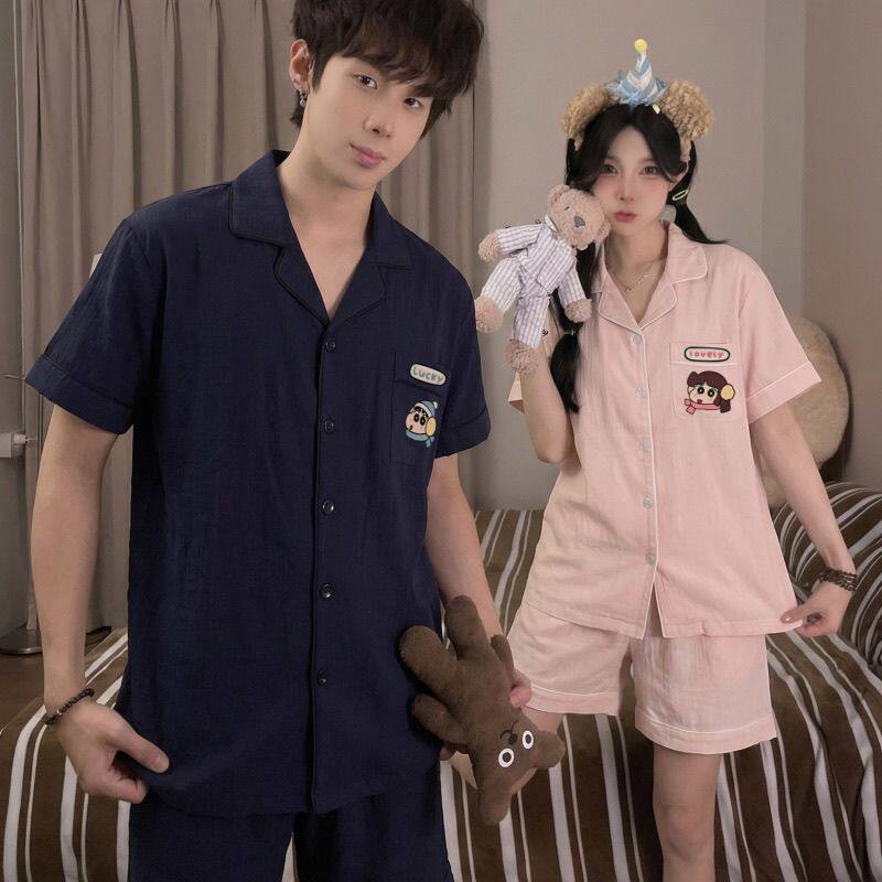 2026新款蜡笔小新情侣睡衣女夏季云朵棉短袖男家居服开衫套装ins