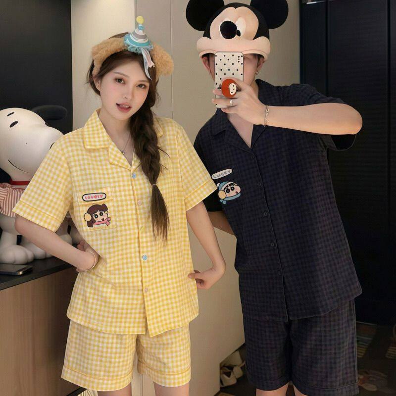 2026新款蜡笔小新卡通情侣睡衣女夏季云朵棉短袖男家居服开衫套装
