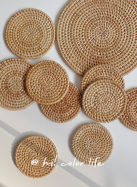 chic风ins手工编织隔热垫圆形韩式咖啡店装饰拍照道具藤编茶杯垫