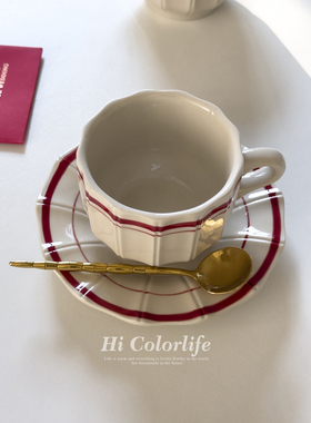 Hi苏格兰红色描边咖啡杯碟套装小众设计风复古精致釉下彩陶瓷杯碟
