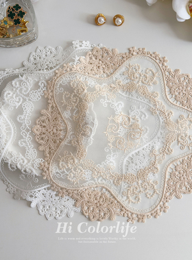 喝彩生活 花柔四季ins风蕾丝垫镂空绣花艺术装饰背景圆形防尘盖布