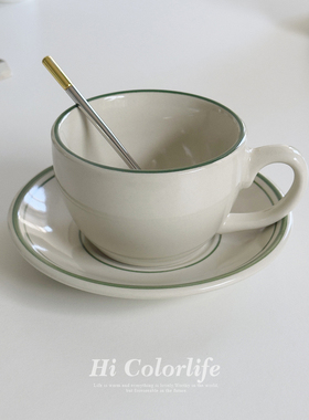 HC墨绿柏顿 描边咖啡杯碟套装复古风手绘陶瓷拿铁拉花杯下午茶杯