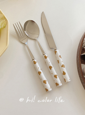 韩式少女心ins风爱心小熊304不锈钢陶瓷柄刀叉勺学生沙拉冰淇淋勺